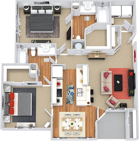 A detailed 3D floor plan of a modern apartment layout.
